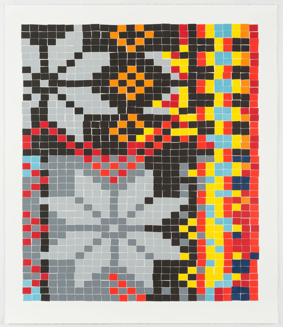Relief print of numerous multi-color rectangles forming a snowflake sweater pattern in gray, black, orange, yellow, blue, and red