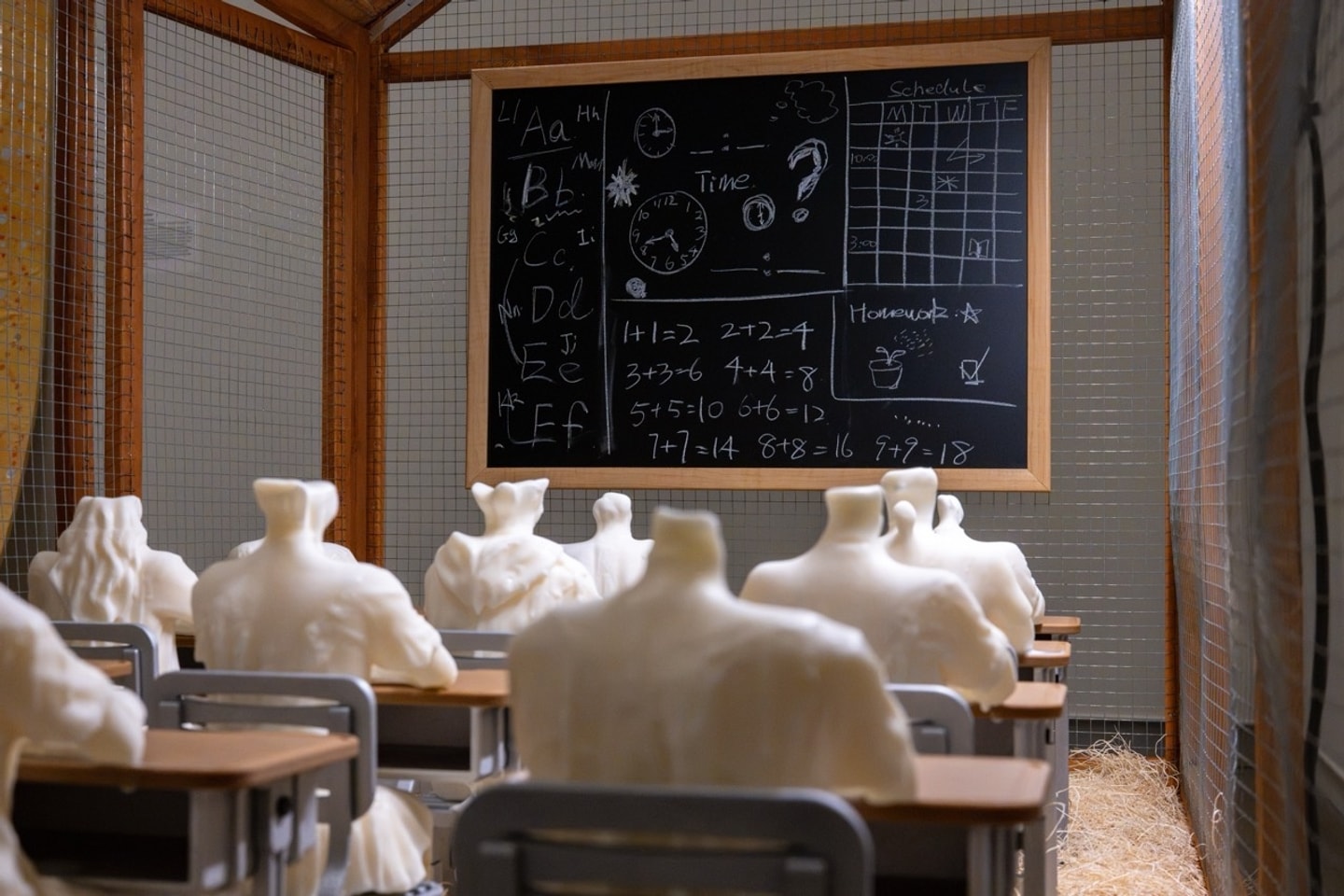 wax headless figures sitting in a classroom