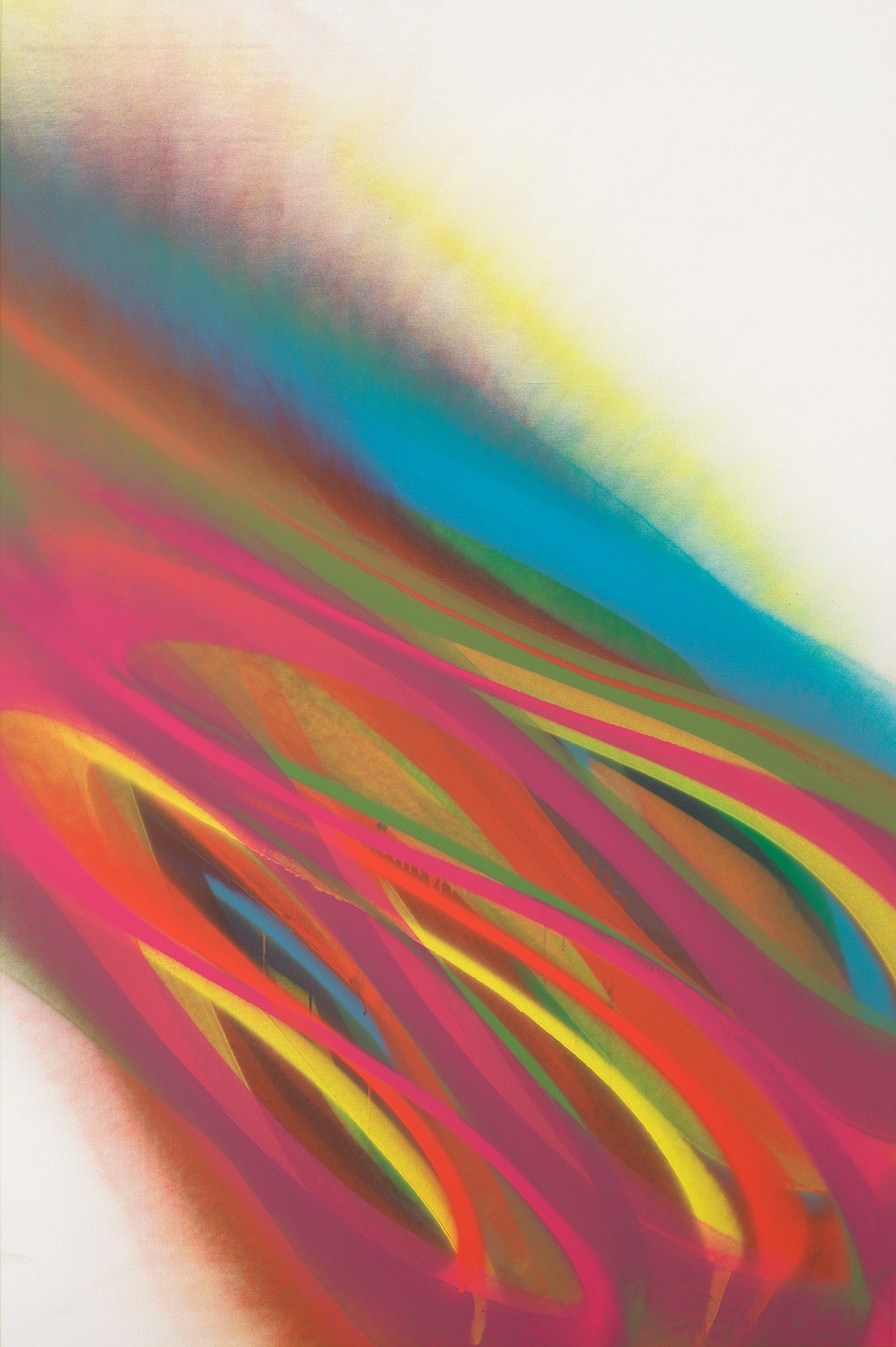 An abstract painting consisting of flowing, overlapping lines in bright pink, orange, yellow, and blue