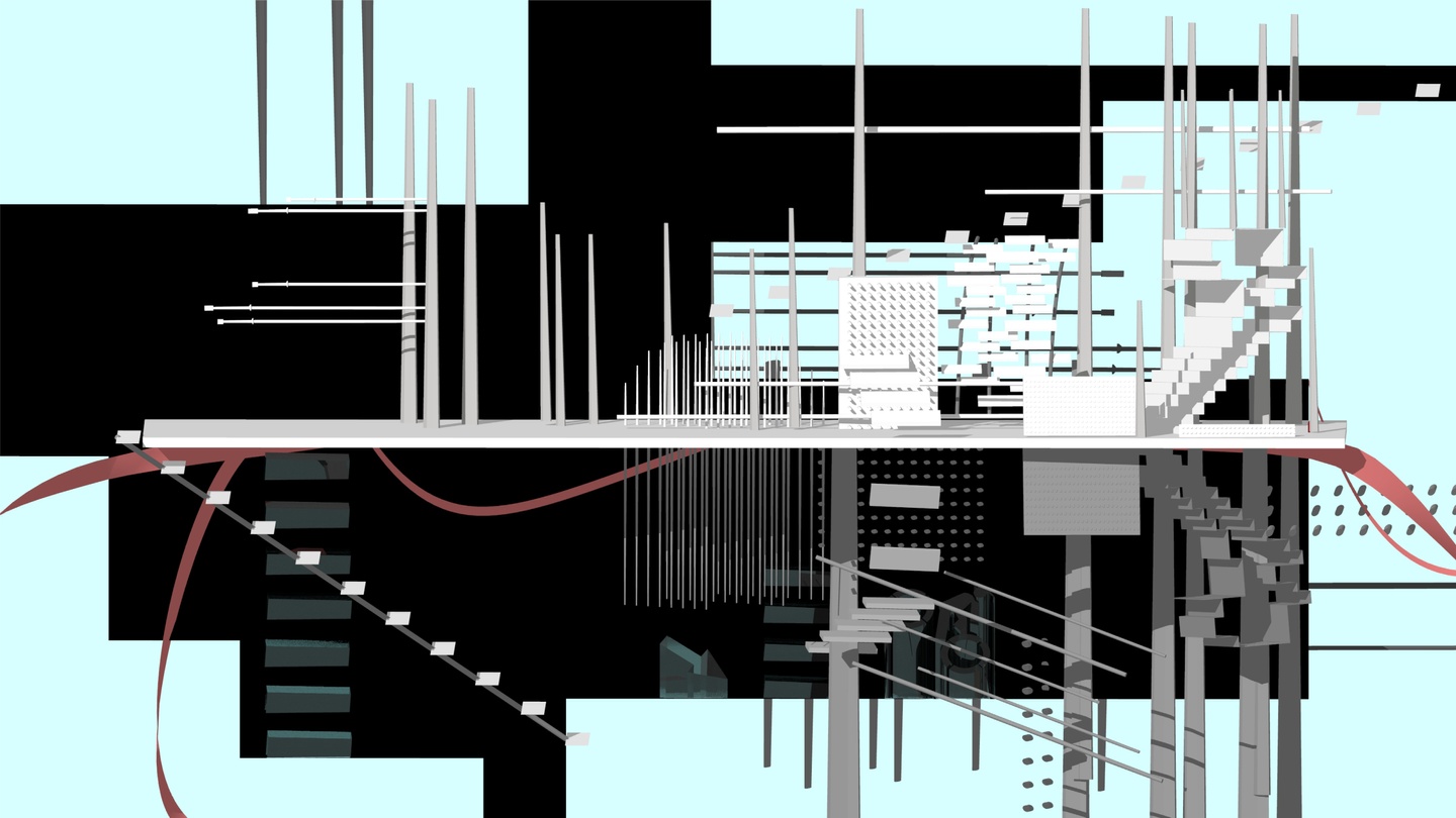 Digital drawing of a two-level building space.