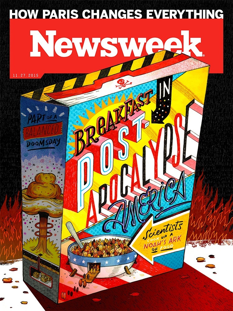 Newsweek magazine cover featuring a cereal box with the words Breakfast in Post Apocalypse America, and a bowl of cereal, with pairs of people "entering" a door in the bowl through a ramp and a text note referring to Noah's Ark.