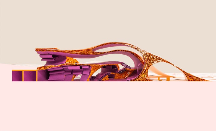 Magenta and orange architectural model made of waves and curves