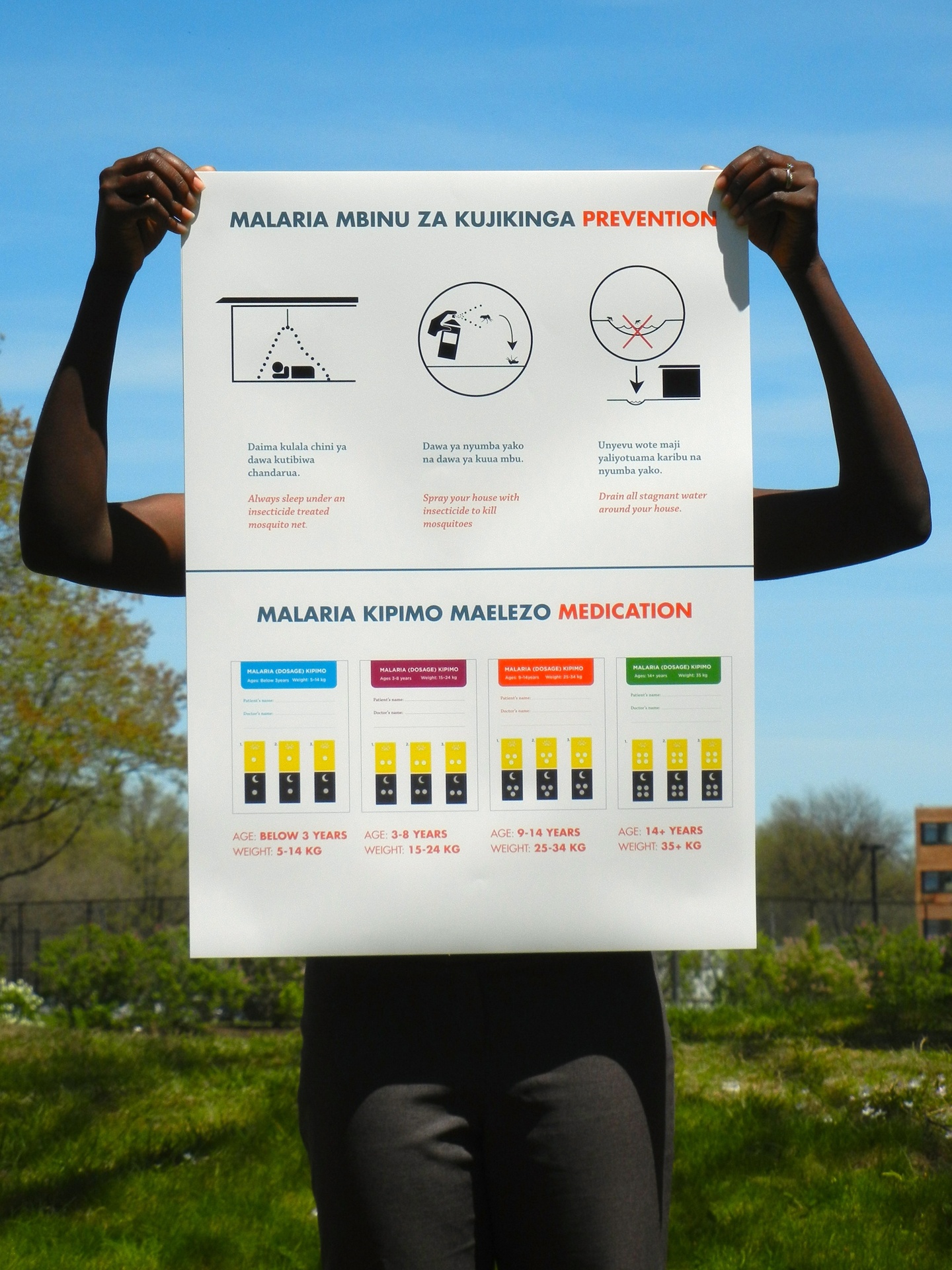 Person holding a poster with an infographic illustrating malaria prevention and treatment paths.