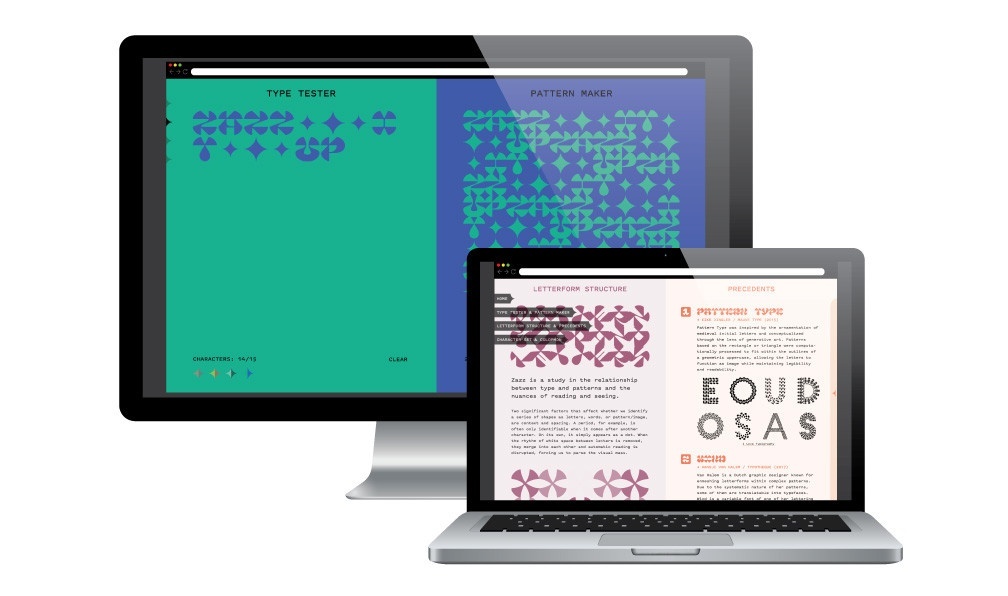 Monitor and laptop depict colorful patterns and text. Monitor screen reads Type Tester and Pattern Maker, laptop reads Letterform Structure, Precedents.