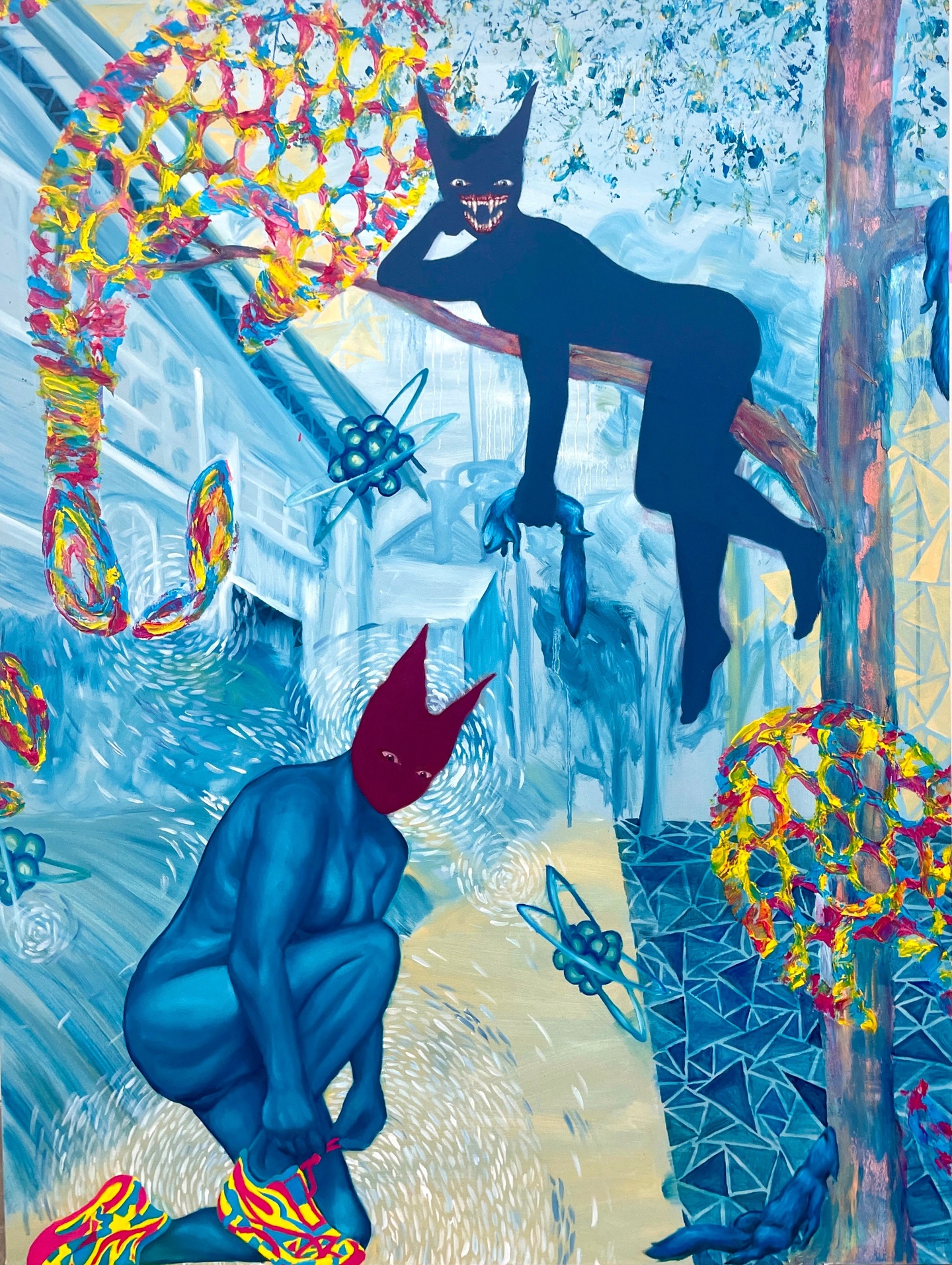 An abstraced blue painting of a black creature and a masked figure. 