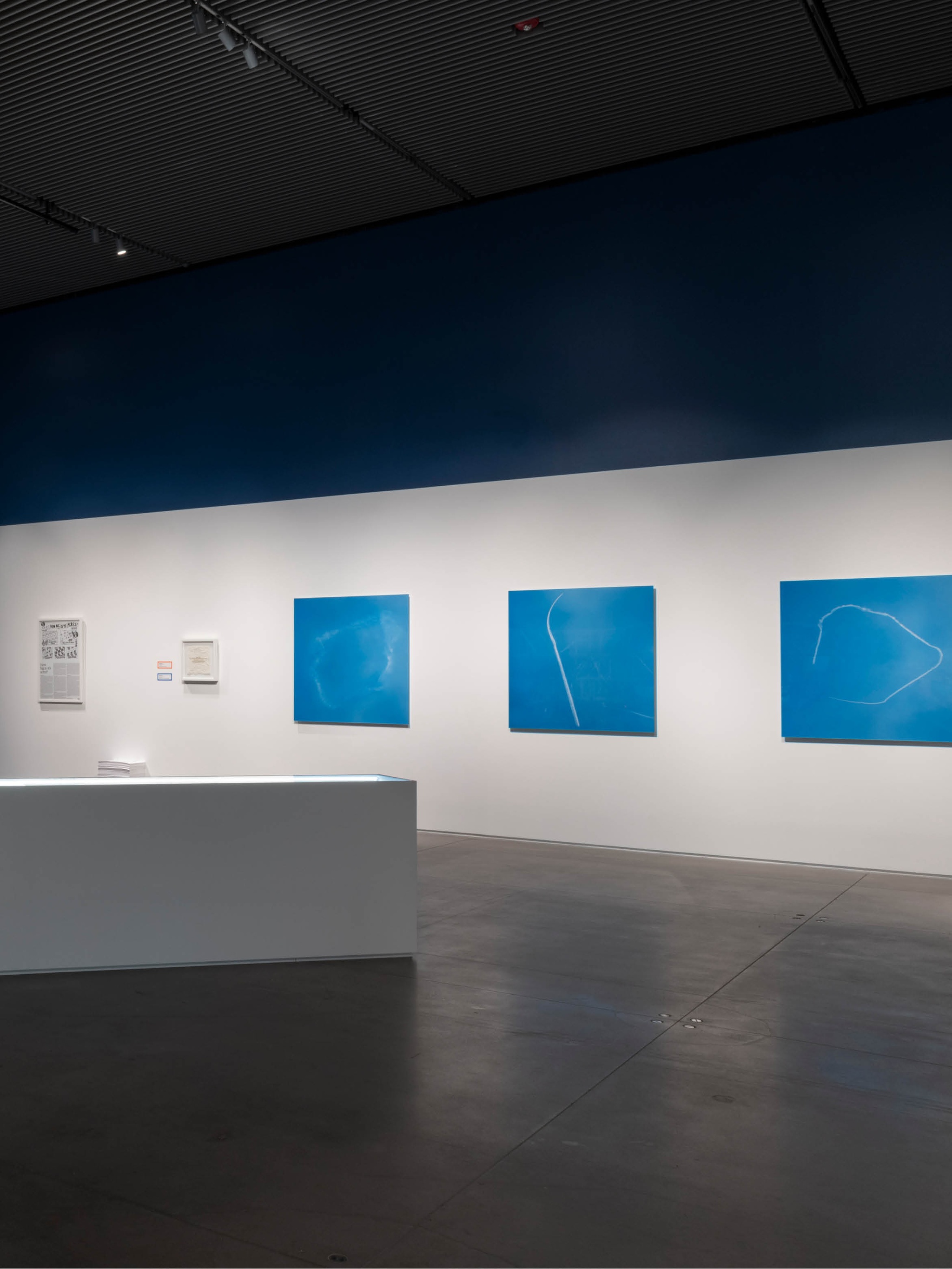 An art installation including a film and photographic prints. The film documents a skywriting performance and is projected on a screen that hangs from the ceiling on a diagonal angle to the left of the space. Along the wall on the right hang three photos in a row of the clouds formed by the skywriting against a bright blue sky. 