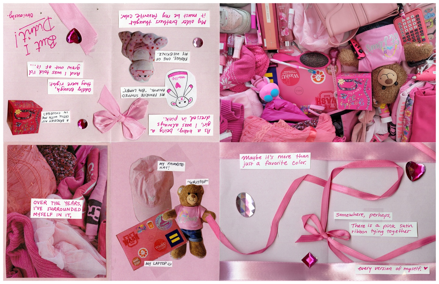 A spread of the book with handwritten, pink text and pink images.