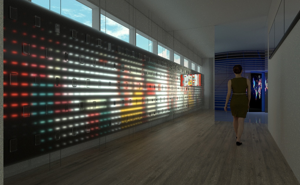 Render of young woman walking through hallway beside an interactive wall which responds to movement, lighting up with diffused red, green, white and yellow