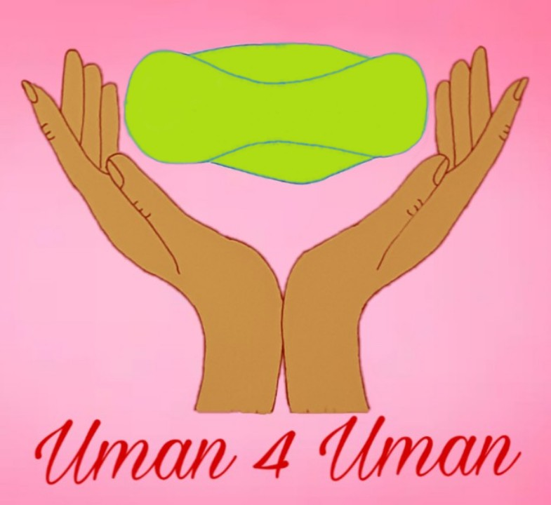 A logo shows an organization called “Uman 4 Uman.” The logo is a pair of hands holding up a green menstrual pad on a pink background.
