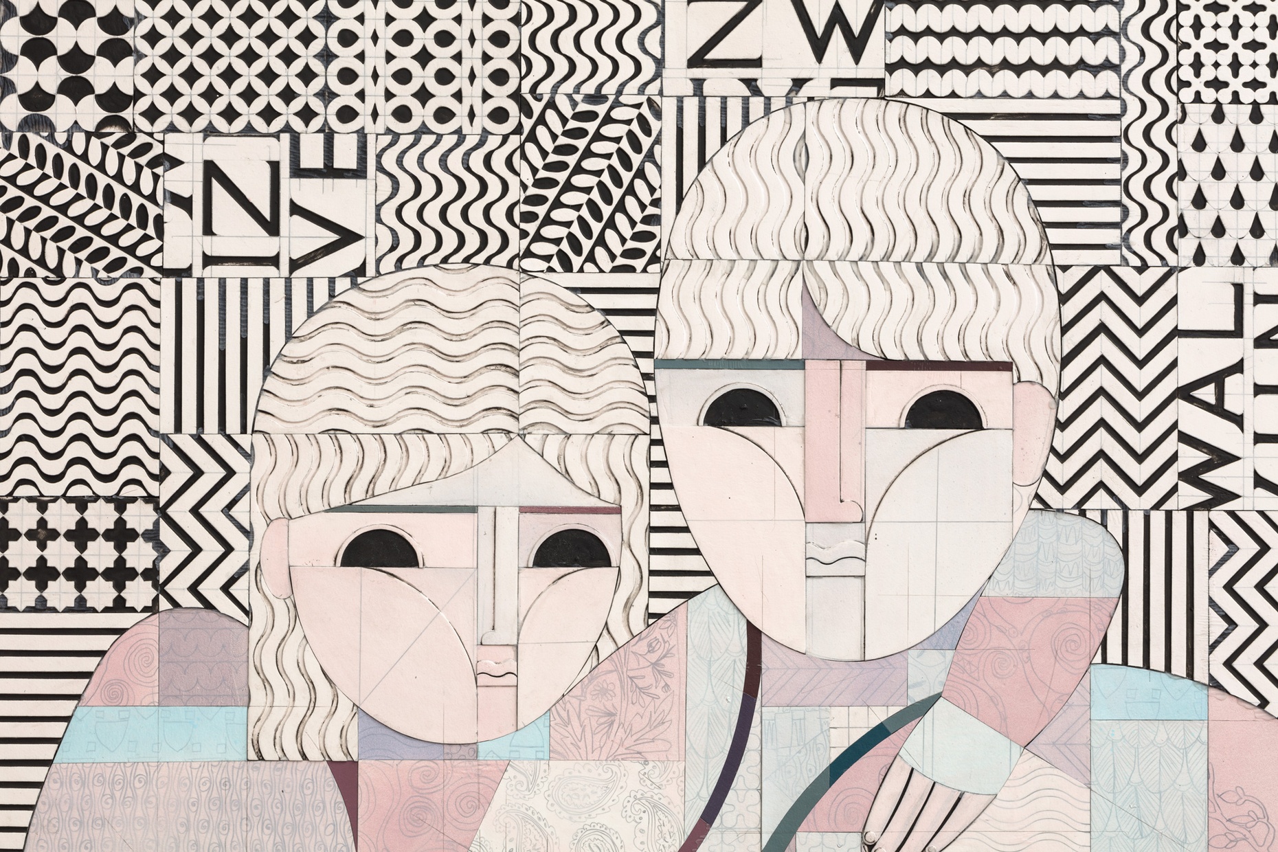 A close-up of an two abstract people formed out of abstract, pastel geometric shapes against a black and white patterned background.