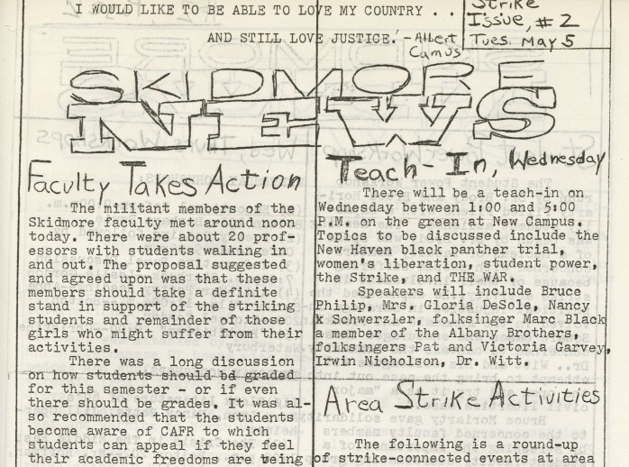A detail of a Skidmore News article has multiple handwritten headlines above two columns of text, including “Faculty Takes Action,” “Teach-In, Wednesday,” and “Area Strike Activities.”