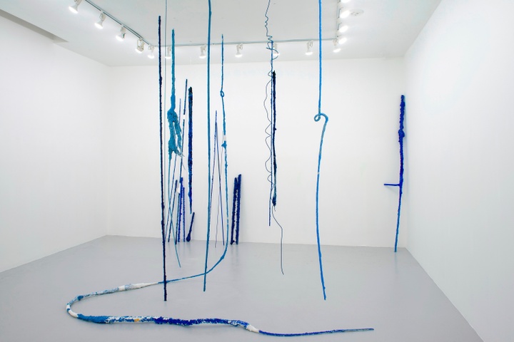 Mixed-media sculptural installation featuring blue cords hanging from the ceilings and down the walls.