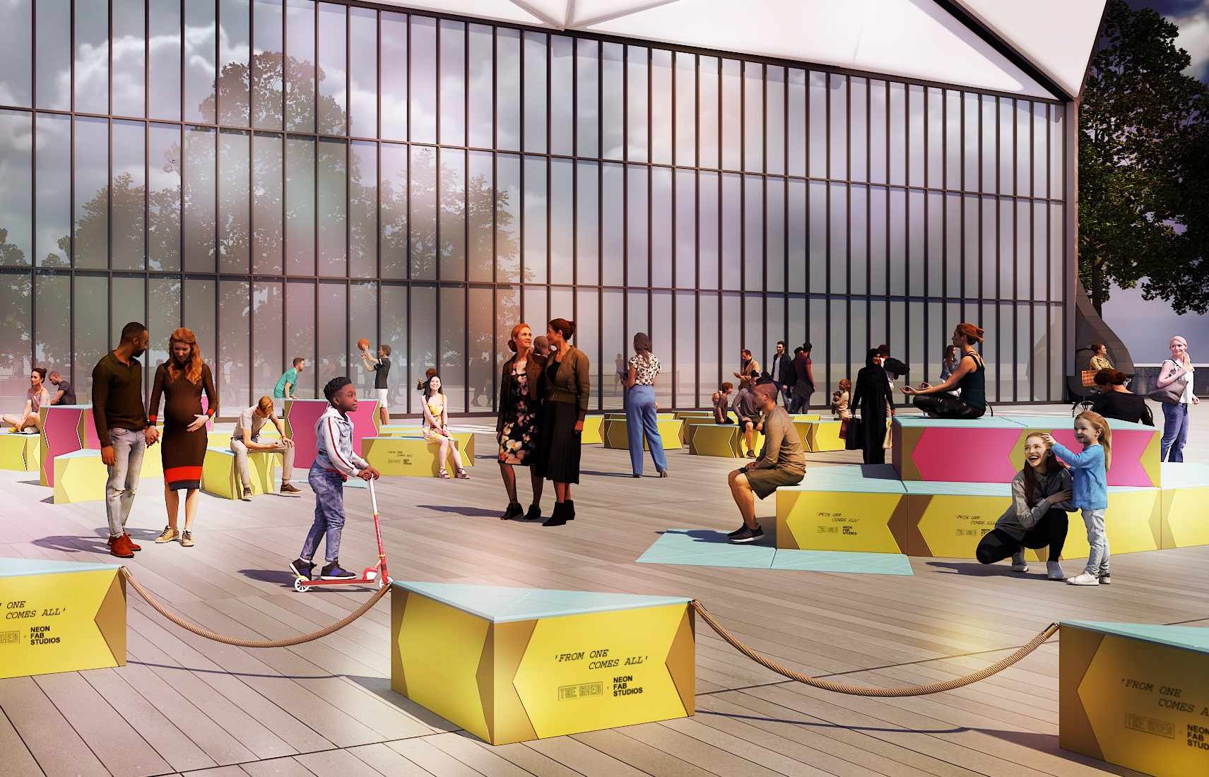A digital rendering of The Shed's outdoor Plaza with modular seating components arranged. The components are triangular shapes with light blue tops and yellow sides. Visitors walk and ride scooters on the plaza, some of them sitting on the modules.
