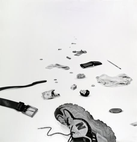 Photogravure of black and white objects including a shoe, a belt, and  a dollar bill on a white ground.