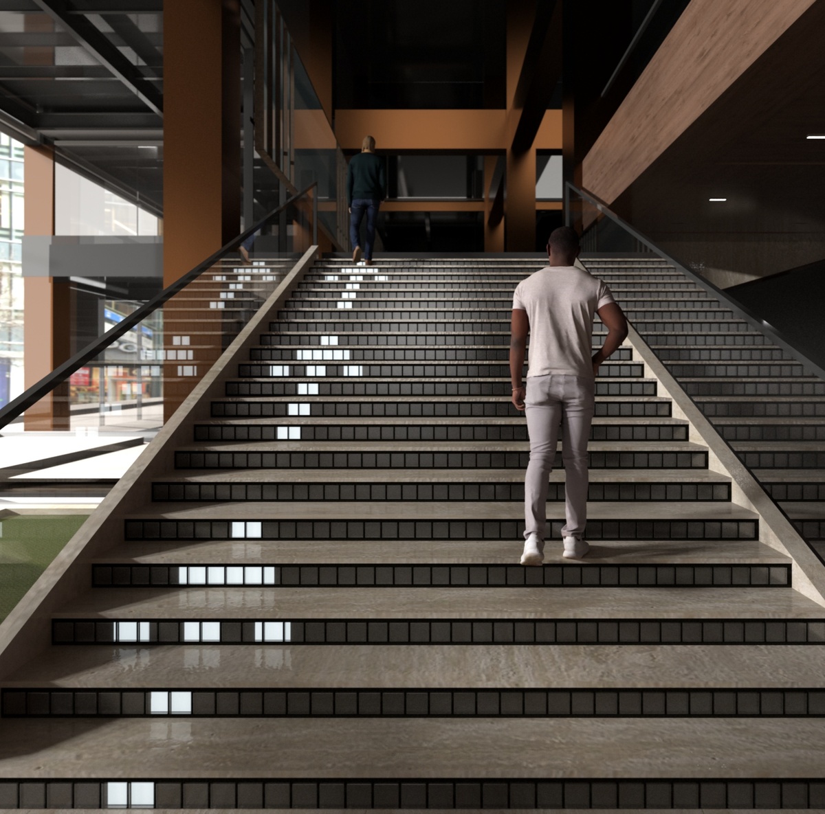 Man walking up staircase with arrows moving up risers to the left hand side