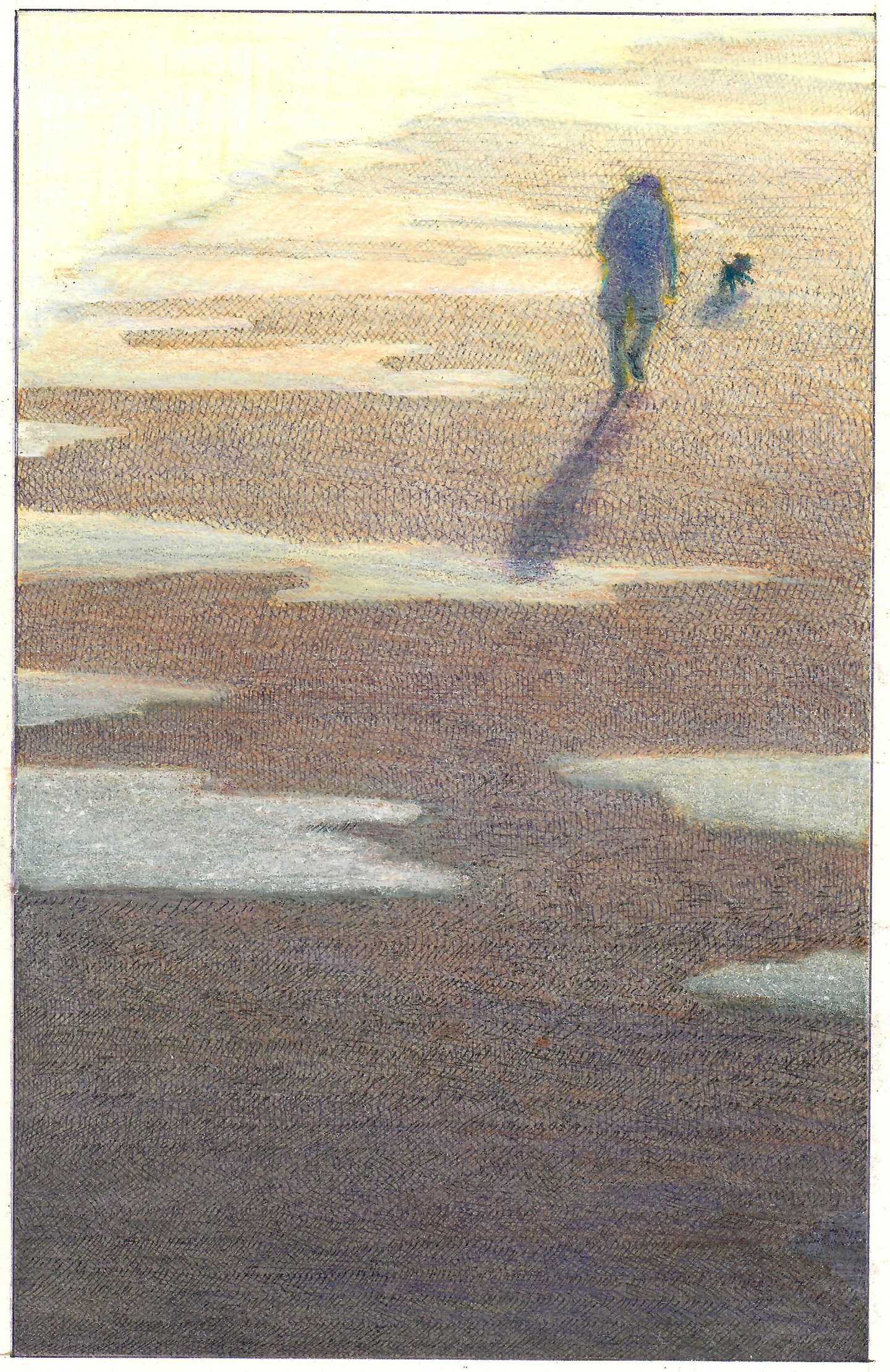 A person walking on (what appears to be) a beach with a dog. Water streaks across the ground in pools. The two figures are far away from us, moving into a distant bright light.