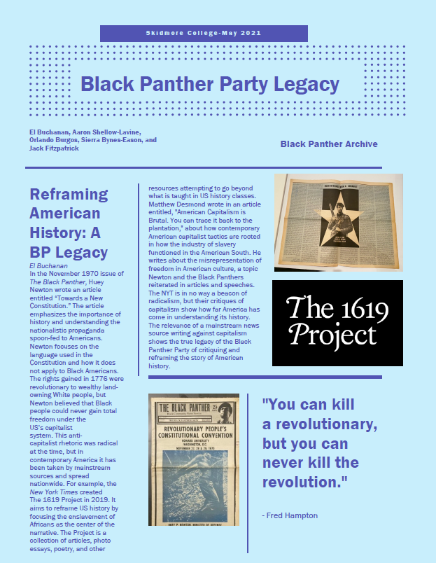 Newsletter by Skidmore students with the title "Black Panther Party Legacy"