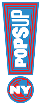 An exclamation point in overlapping layers of blue and red with white type within the punctuation mark that reads "NY PopsUp"