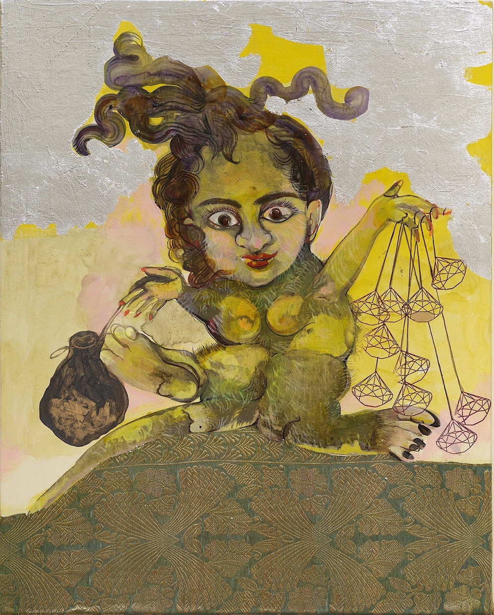 A painting of a small, hairy, female humanoid with brown curly hair holding a bag in one hand and numerous diamonds attached to strings in the other hand.
