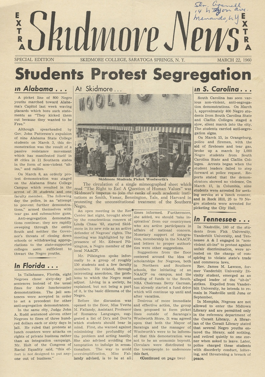 The yellowed front page of a newspaper bears the headline “Students Protest Segregation” accompanied by columns of text and a black and white image depicting protesters in front of a Woolworth store.