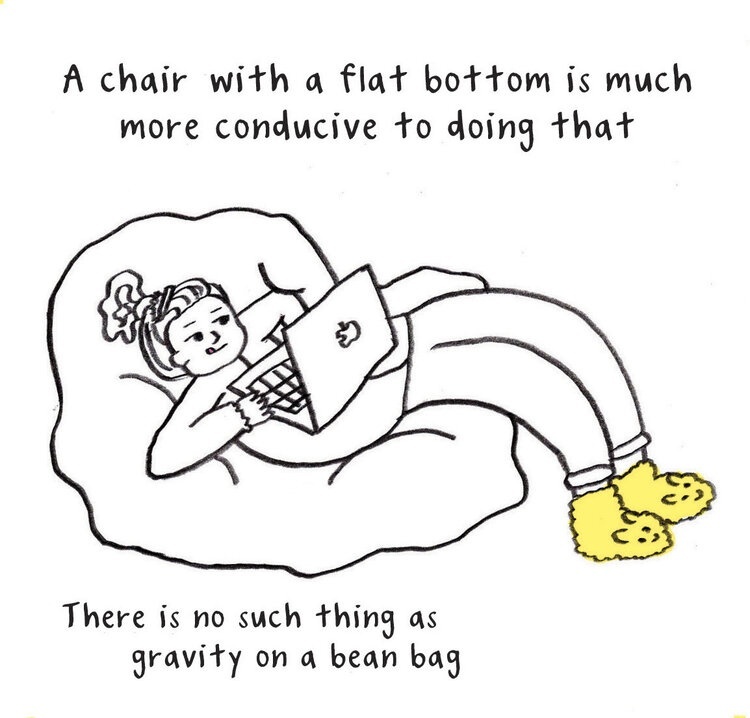 Line drawing of a person with a laptop keeled over in a bean bag chair.