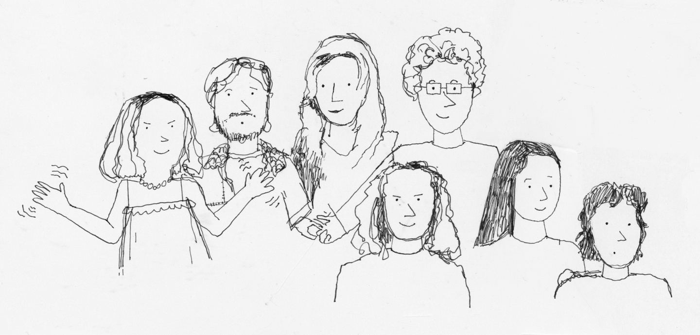 Black ink illustration of a group of people (torsos on up) standing together.