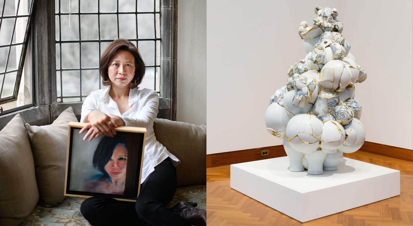 A woman seated at a window; a bulbous white sculpture