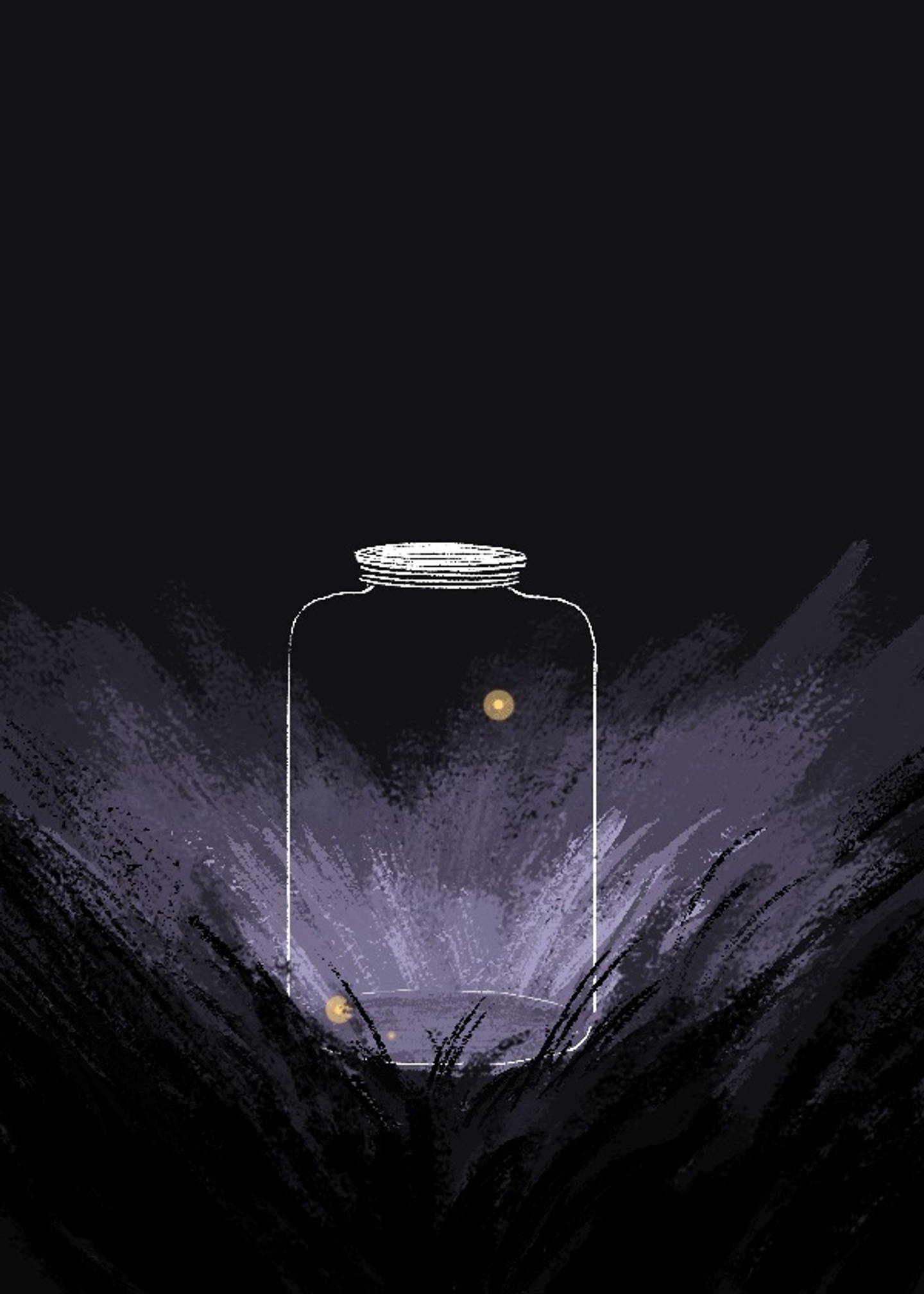 A purply monochromatic illustration of a glass jar with 3 yellow dots signifying fireflies in them