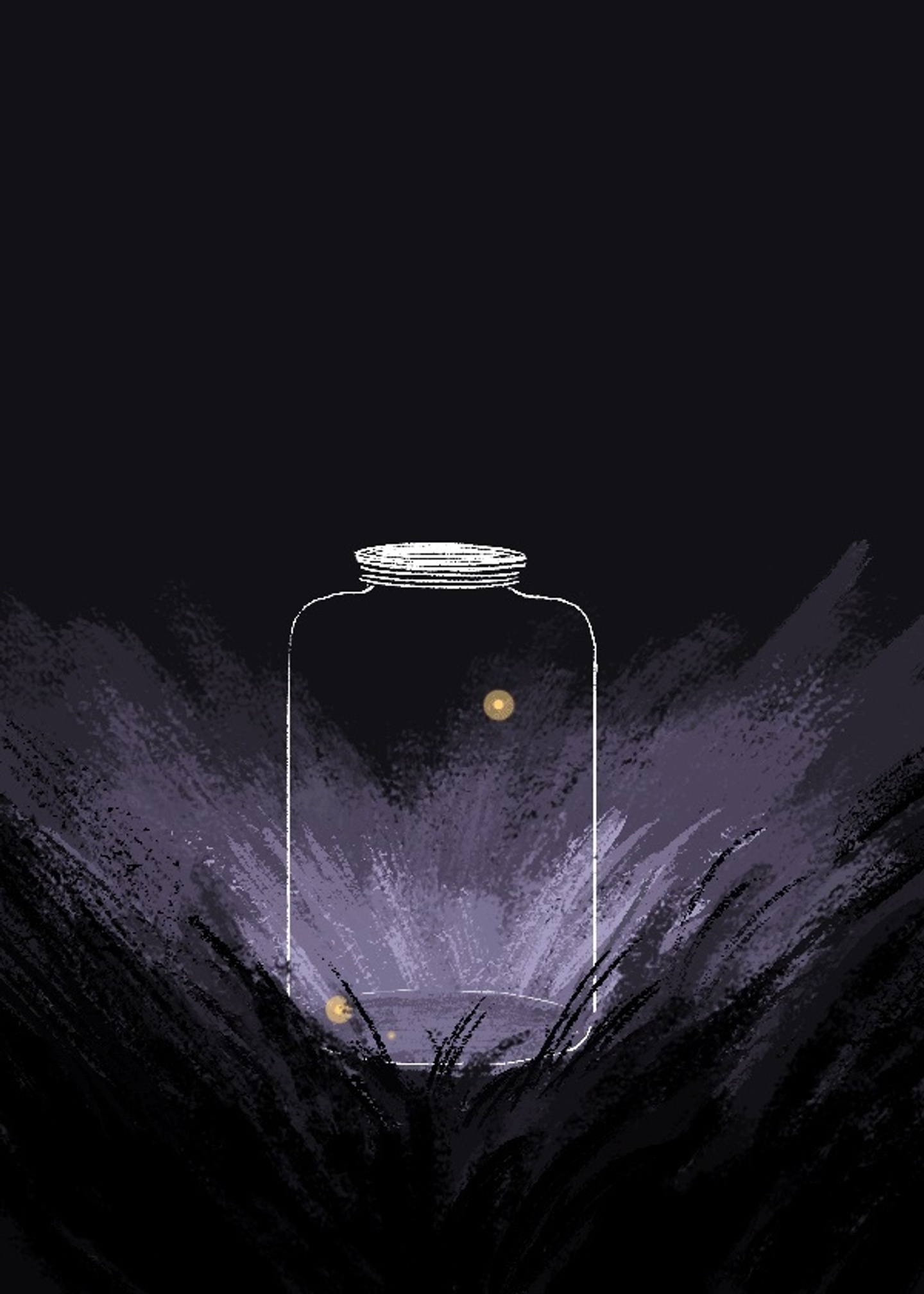 A purply monochromatic illustration of a glass jar with 3 yellow dots signifying fireflies in them