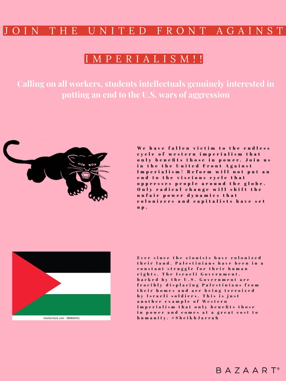 Poster with pink background with the heading "Join the United Front Against Imperialism!!" with image of a panther and the Palestinian flag.