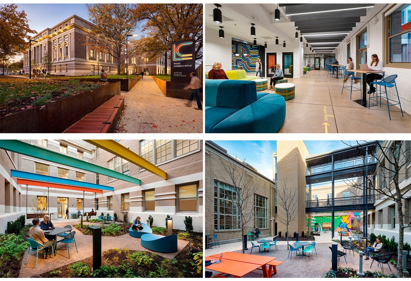 Grid of four perspective renderings of the Lewis Center - the facade, an interior common space, and two exterior courtyards.