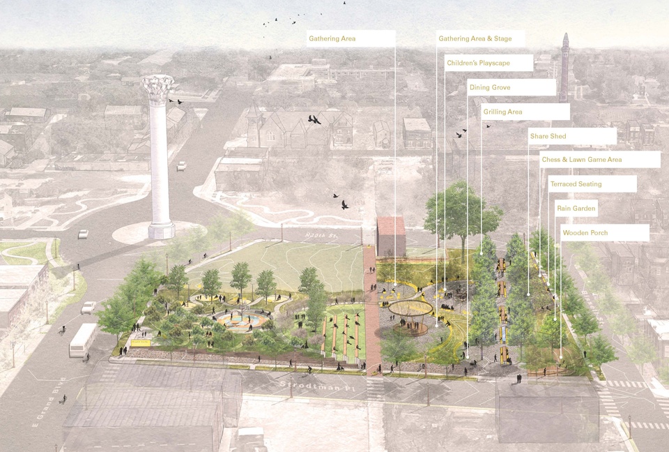 Architectural rendering of city park.