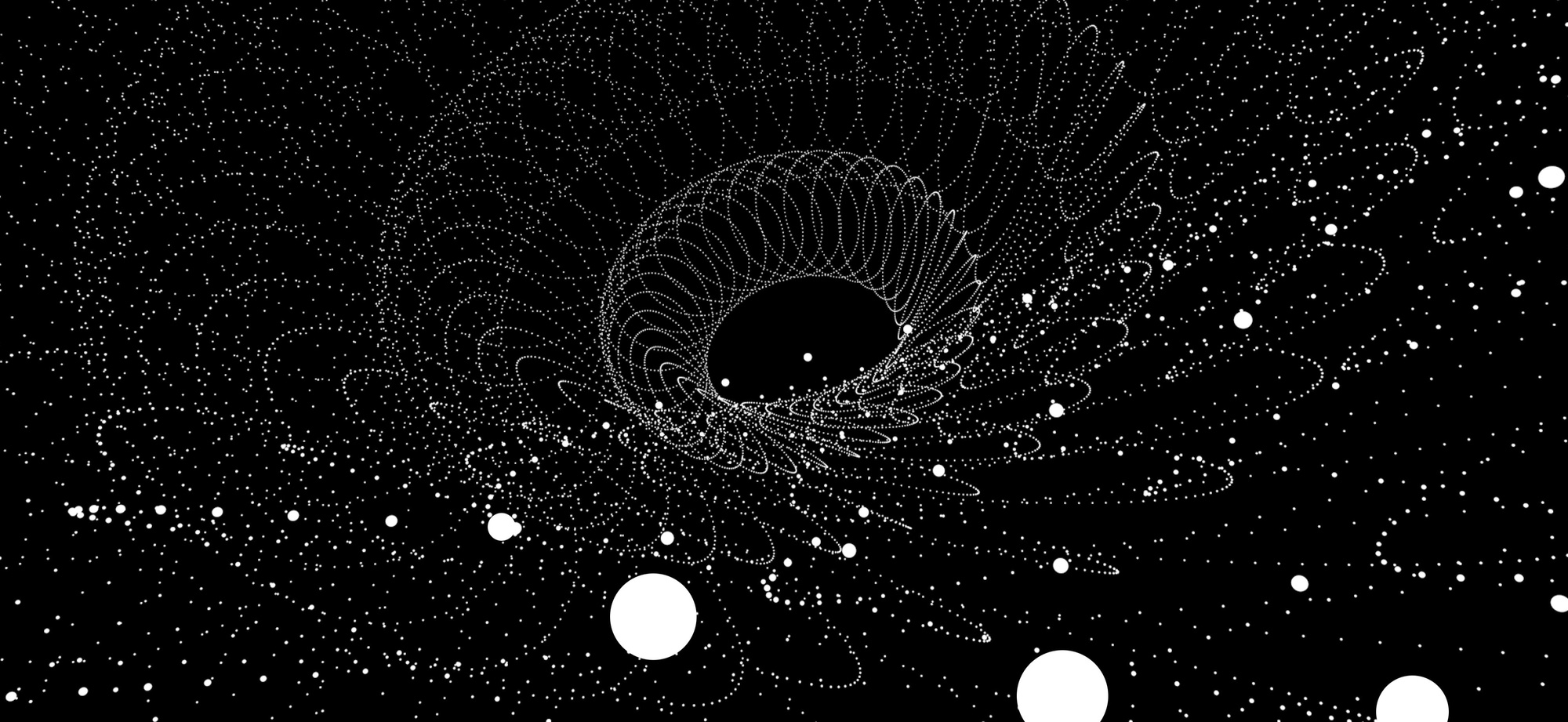 Large spiral of white dots on black background