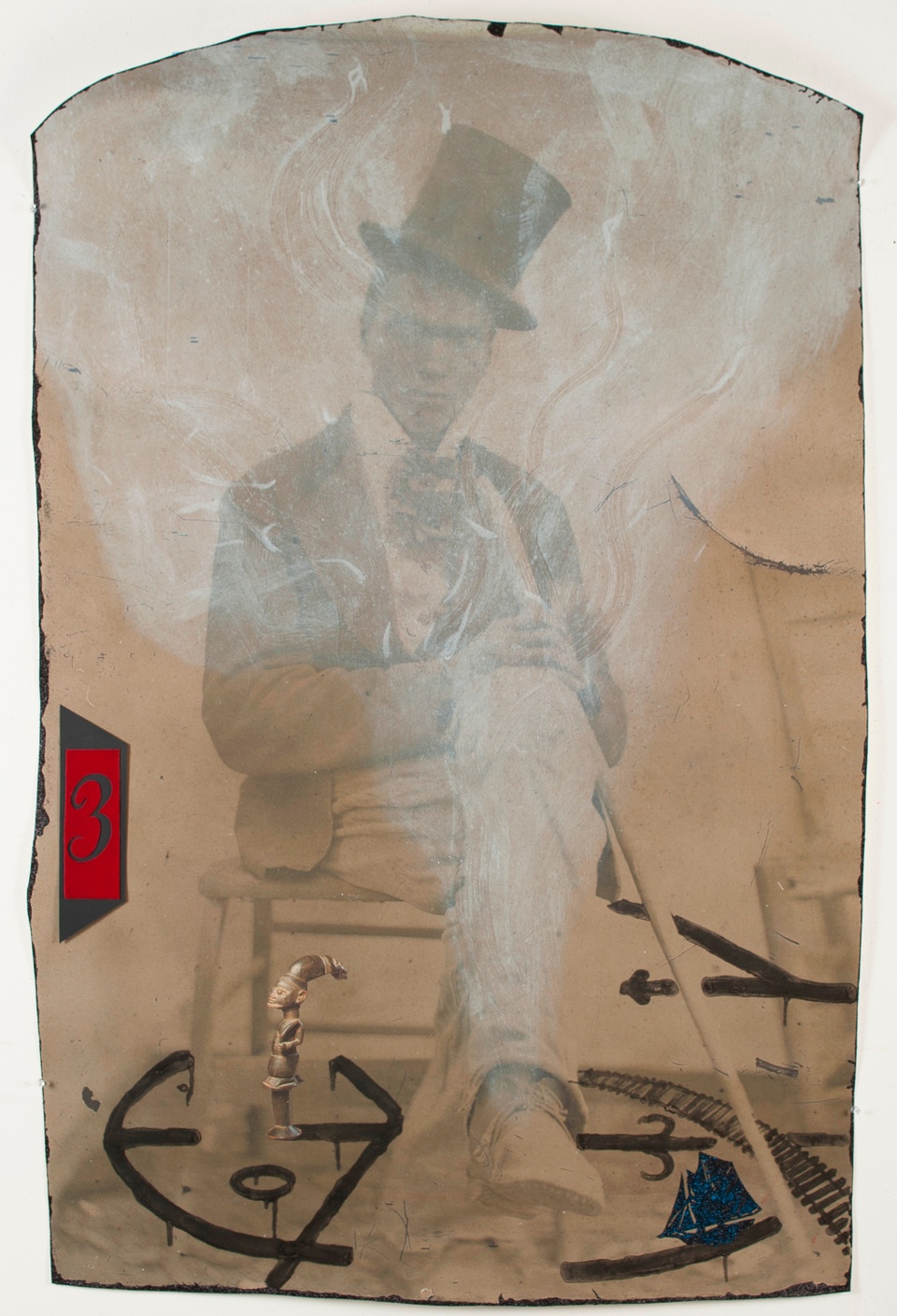 tintype image of man wearing a top hat sitting in a chair with smoky haze, markings on the floor, and the number 3 in red on the left side of the image