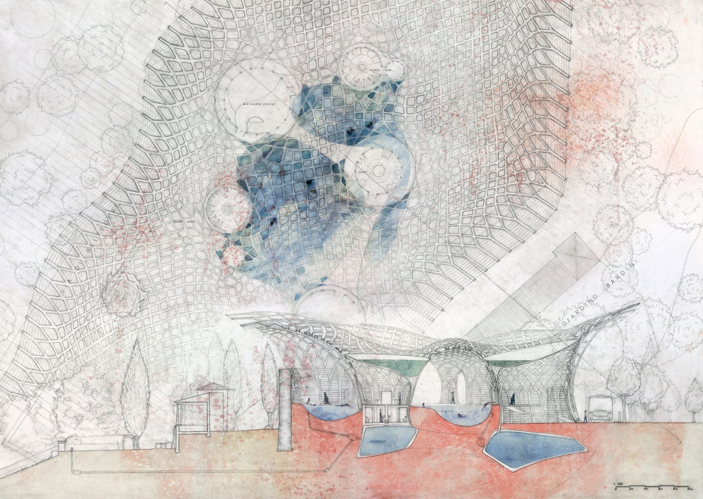Delicate watercolor section drawing and site plan rendered in pale blues, pinks, and beige that depicts a graceful pavilion and water features.