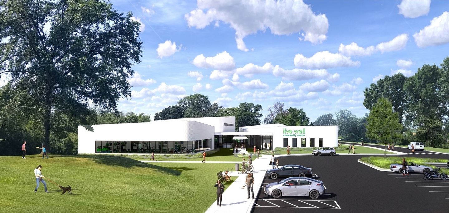 Exterior facade rendering for a proposed community center, in a white, contemporary building.