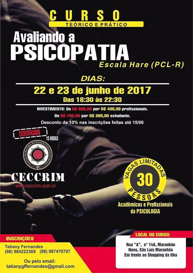 Curso teórico e pratico Avaliando a Psicopatia - Escala Hare ( PCL-R)