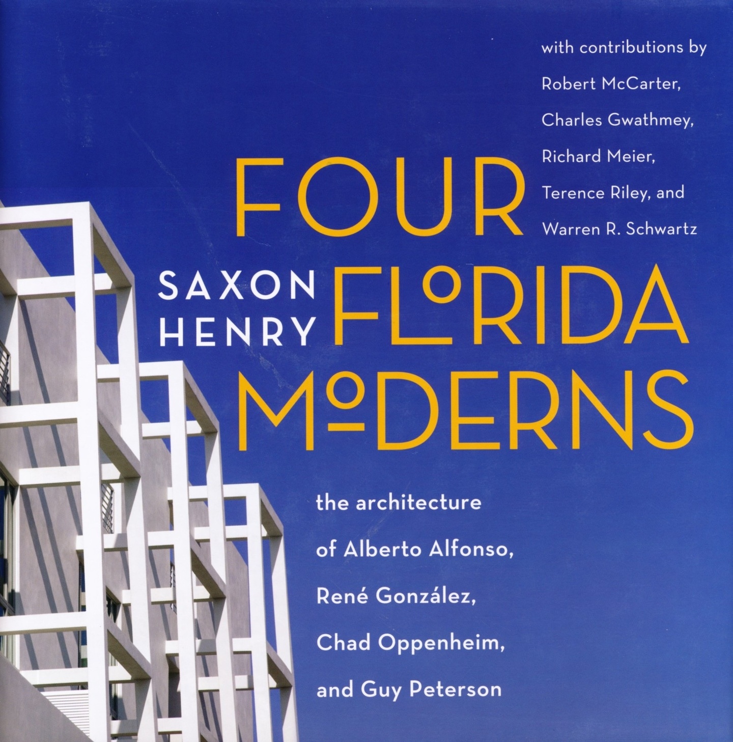 Cover of Four Florida Moderns, with a blue background an white geometric feature to the left.