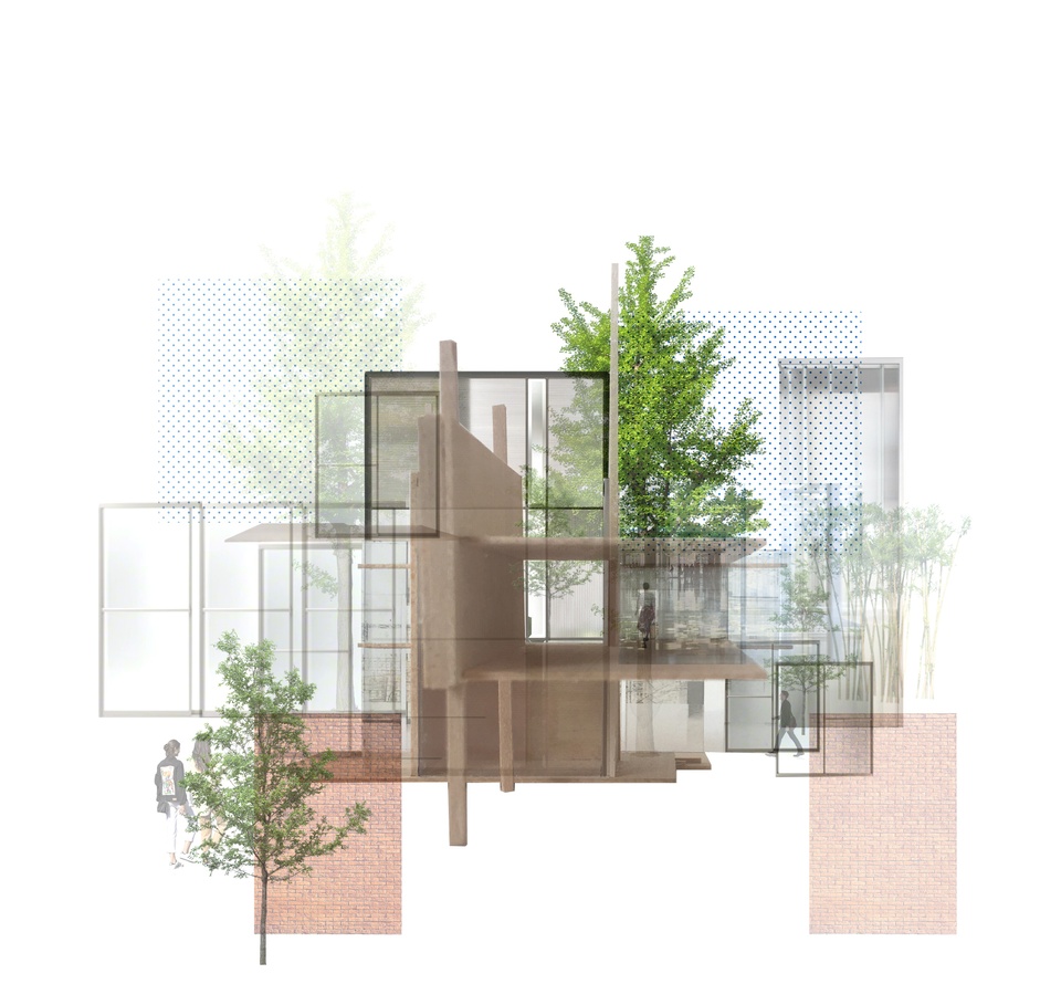 A rendering that shows trees and different parts of buildings overlapping. 