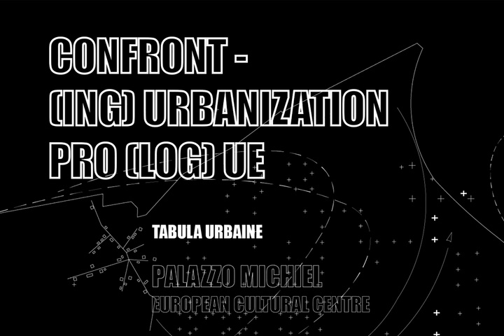 Black poster with a few swirly white lines, dashes, and small boxes, with bubble letters witht he title Confront-(ing) Urbanization Prologue