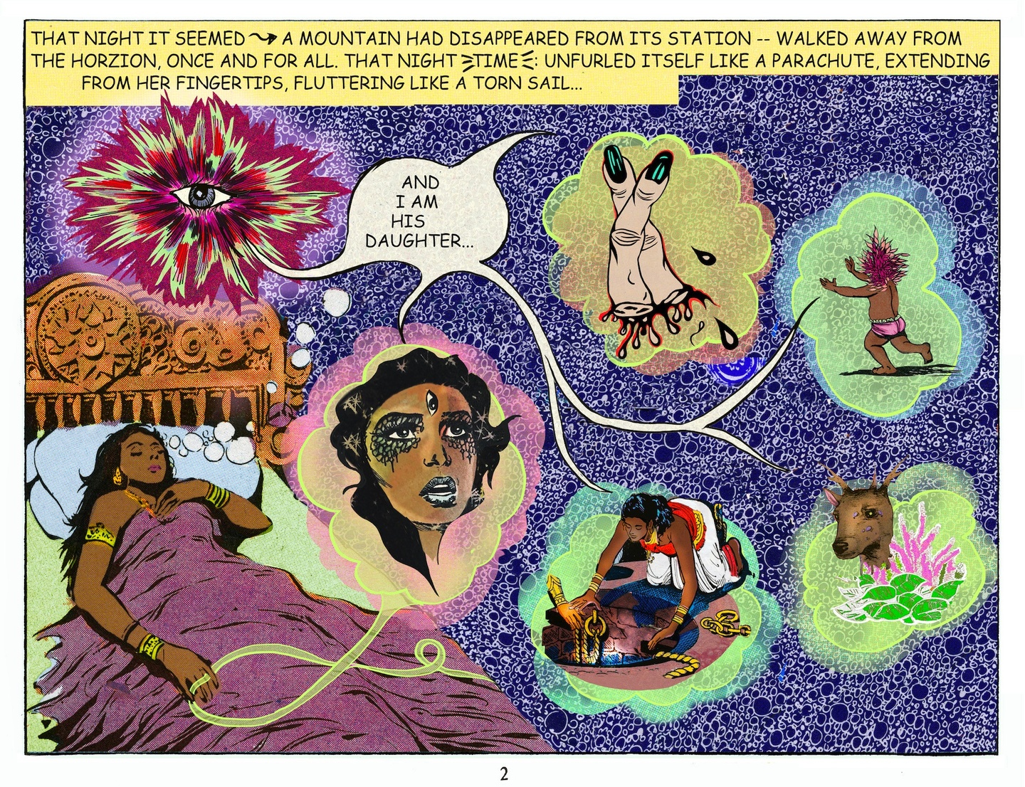Comic book panel of a woman lying in bed dreaming, with multiple thought bubbles appearing.