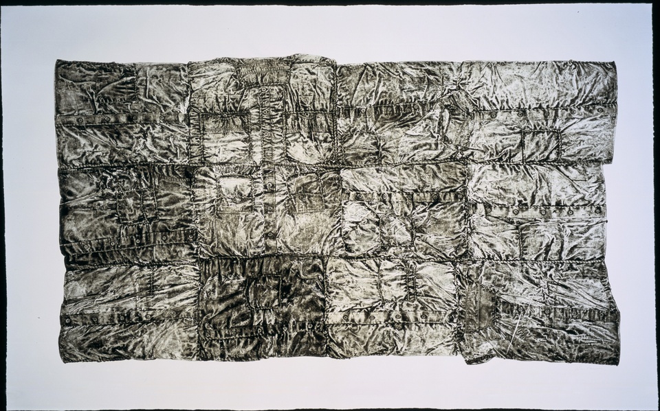intaglio print on paper of the back of the plate of folded shirts, printed in dark brownish-black