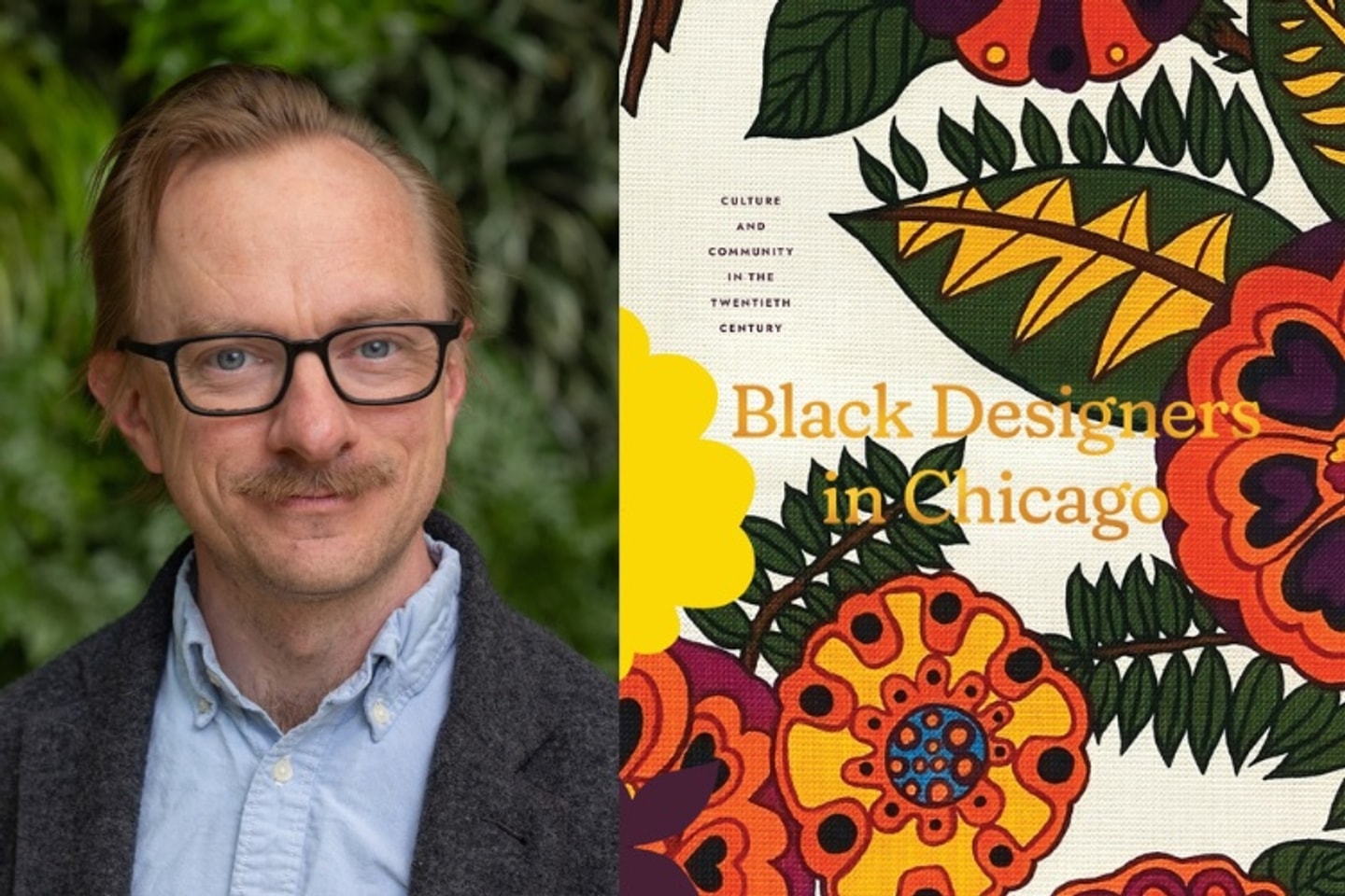 A side-by-side composite. On the left is a portrait of Christopher Dingwall. On the right is the cover of a book titled "Black Designers in Chicago"