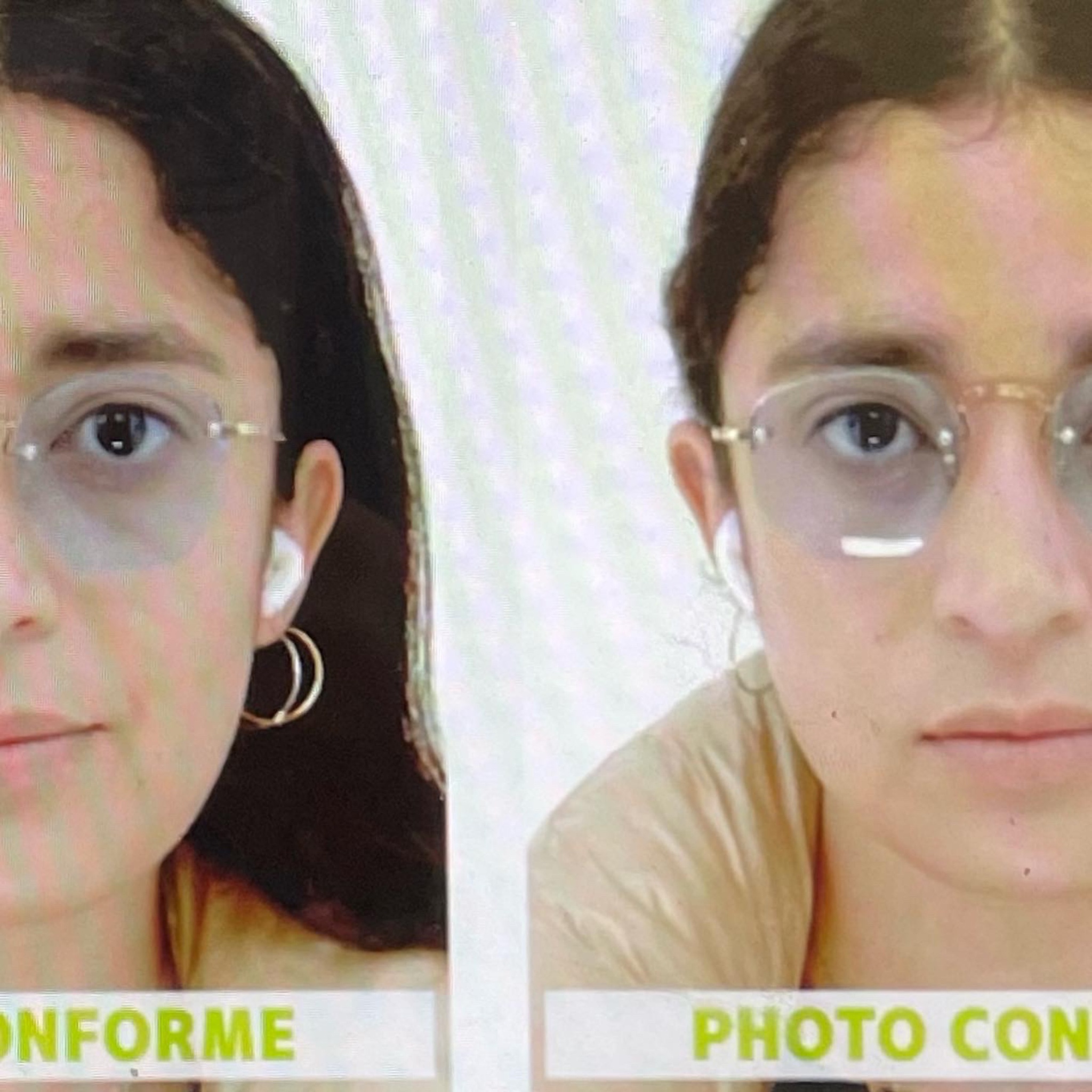 A scan of two ID photos of Gabriela Vidal-Irizarry. The photos are placed side by side so that each shows half of Gabi's face. In the left hand image, she wears glasses with her hair down. In the right hand image, she wears glasses with her hair pulled back. At the bottom of either image are printed the words in French Photo Conforme.