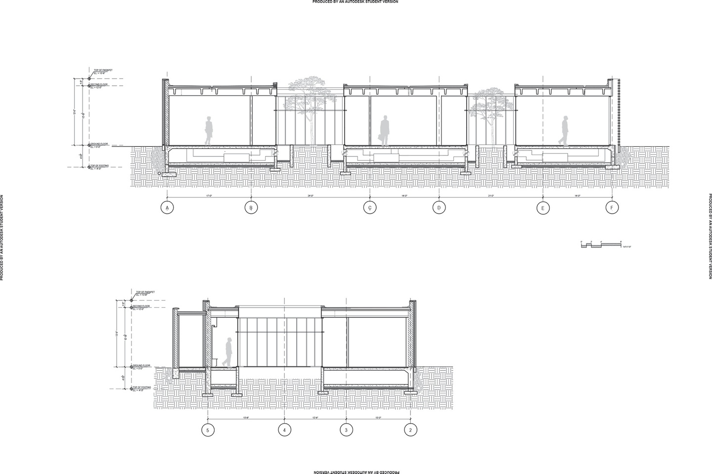 Computer drawings of two building sections showing one level of orthogonal spaces with courtyard spaces. 