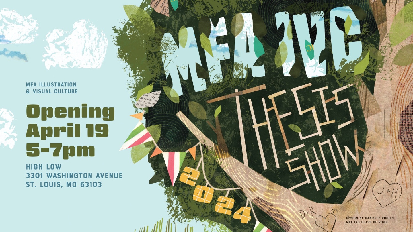 Illustrated poster of a tree with leaves and branches reading "MFA-IVC Thesis Show"