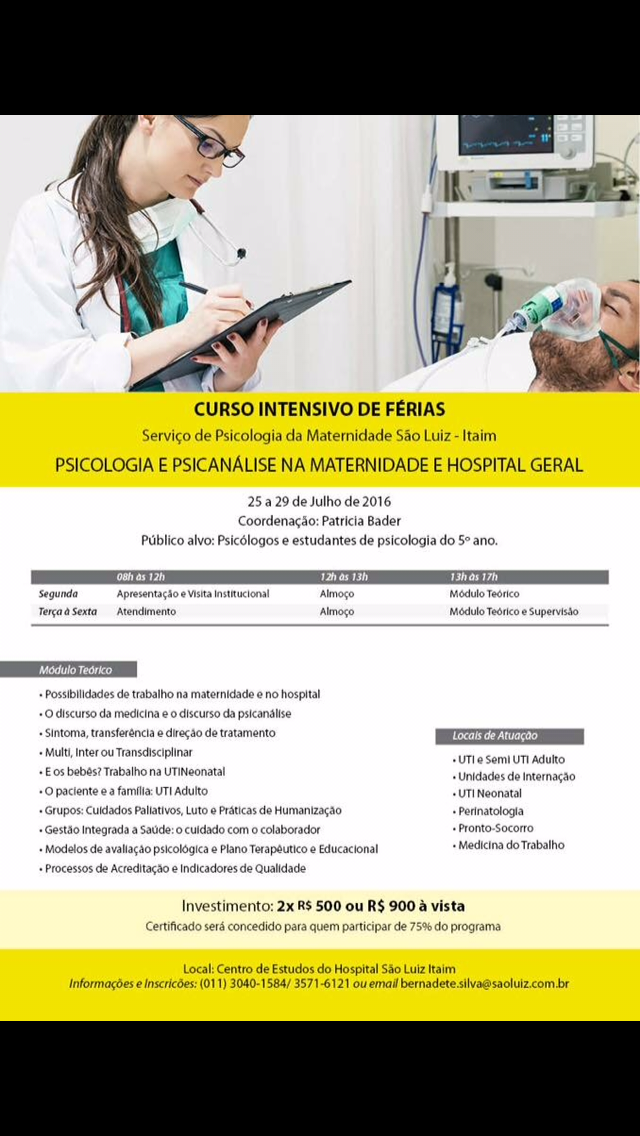 Curso de Férias Psicologia Hospital e Maternidade