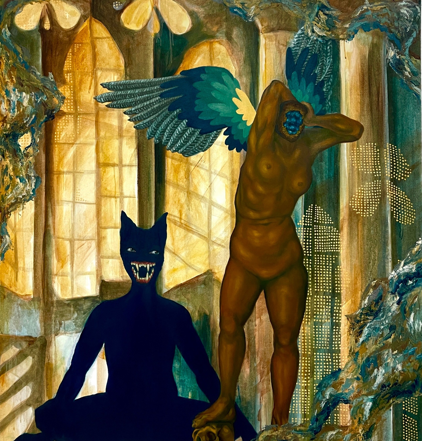 A painting of a black creature and an angel in the back in an interior, windowed setting. 