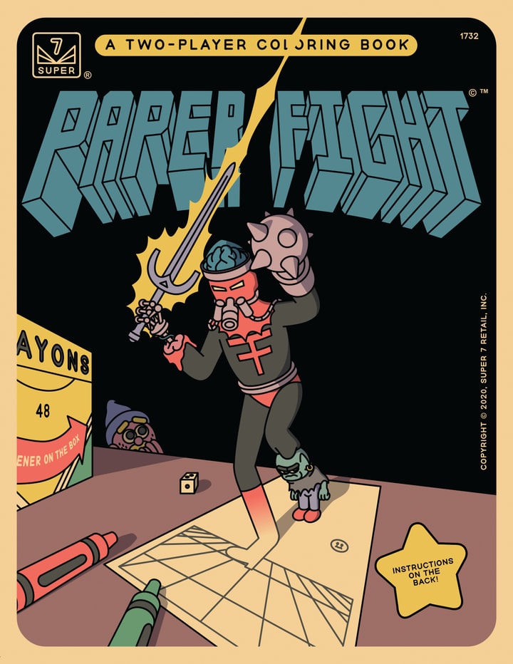 Cover of Paper Fight coloring book, featuring a fighter character emerging from a coloring page waving a laser sword.