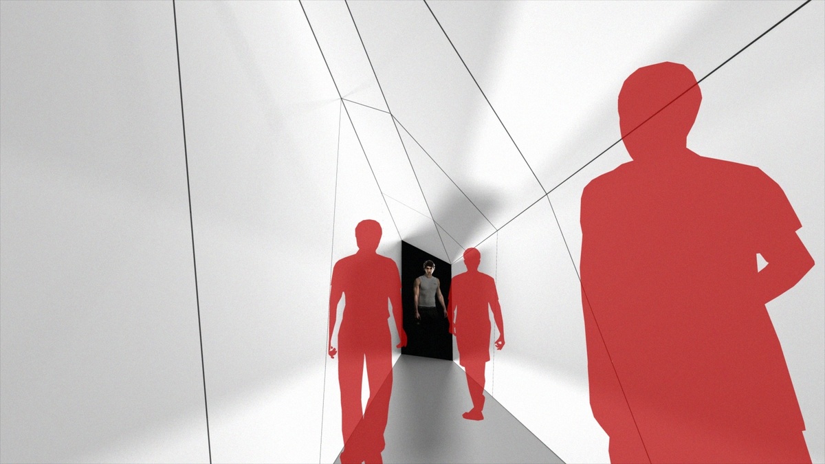 Render of hallway with red silhouetted people